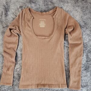 Intimately By Free People Ribbed Scoop Neck Long Sleeve Top - Camel